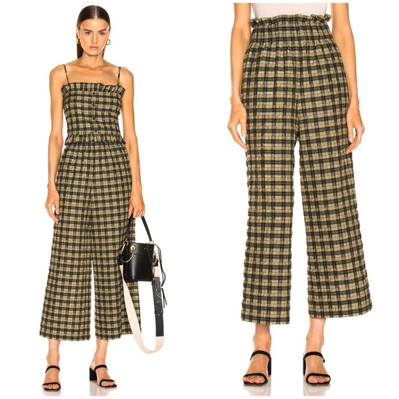 New! Ganni Plaid Straight Wide Leg Seersucker Pants in Green and Black 💚 Medium - Picture 1 of 11